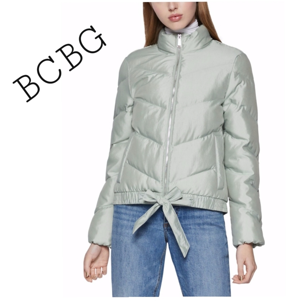 BCBGeneration Light Mint Green Quilted Puffer Mock Neck Jacket w/ Tie Waist  Md